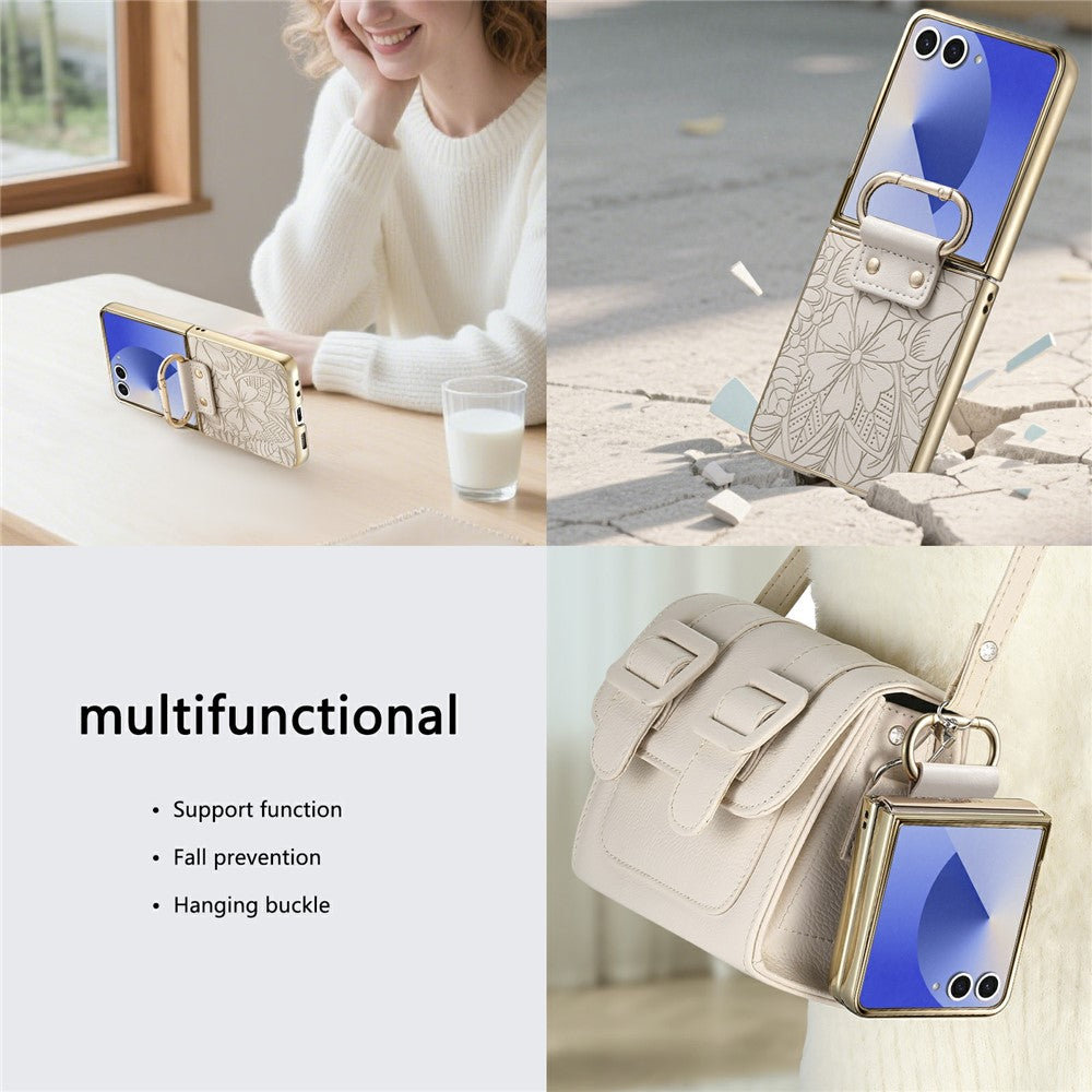 For Samsung Galaxy Z Flip8 Case PU Leather Flower and Leaf Pattern Foldable Phone Cover