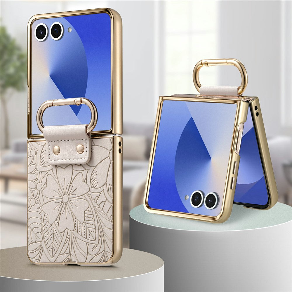 For Samsung Galaxy Z Flip8 Case PU Leather Flower and Leaf Pattern Foldable Phone Cover