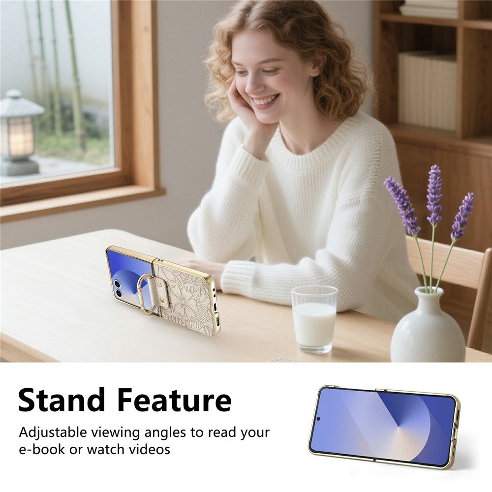 For Samsung Galaxy Z Flip8 Case PU Leather Flower and Leaf Pattern Foldable Phone Cover