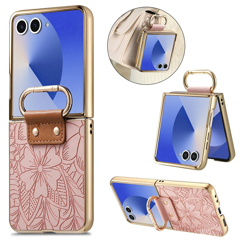 For Samsung Galaxy Z Flip8 Case PU Leather Flower and Leaf Pattern Foldable Phone Cover