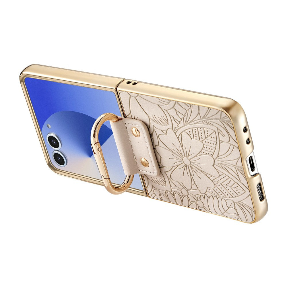 For Samsung Galaxy Z Flip7 5G Case PU Leather Flower and Leaf Pattern Foldable Phone Cover
