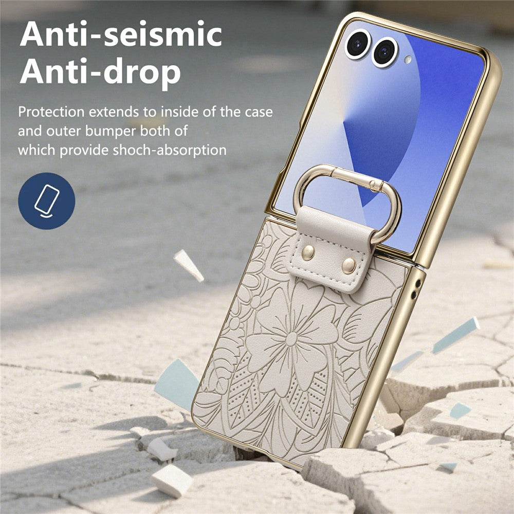 For Samsung Galaxy Z Flip7 5G Case PU Leather Flower and Leaf Pattern Foldable Phone Cover