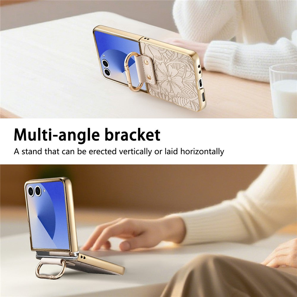 For Samsung Galaxy Z Flip7 5G Case PU Leather Flower and Leaf Pattern Foldable Phone Cover