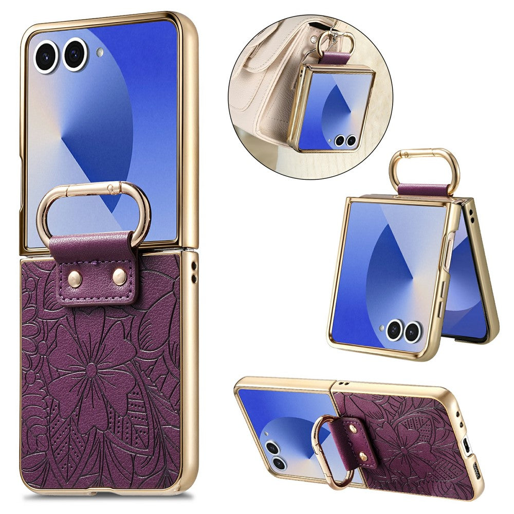 For Samsung Galaxy Z Flip7 5G Case PU Leather Flower and Leaf Pattern Foldable Phone Cover
