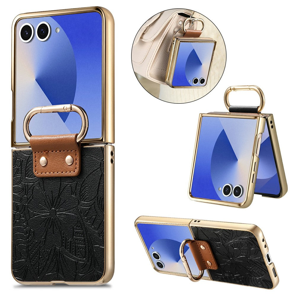 For Samsung Galaxy Z Flip7 5G Case PU Leather Flower and Leaf Pattern Foldable Phone Cover