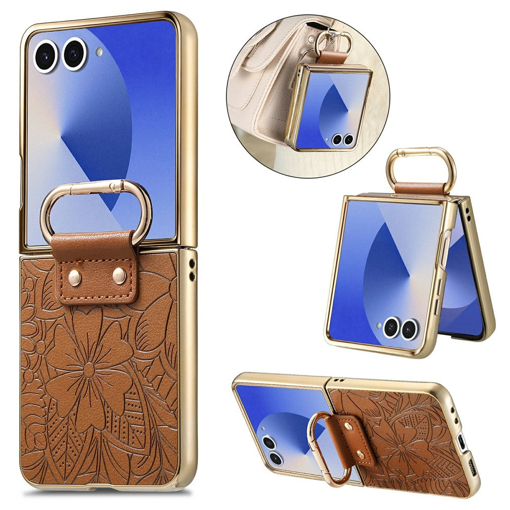 For Samsung Galaxy Z Flip7 5G Case PU Leather Flower and Leaf Pattern Foldable Phone Cover