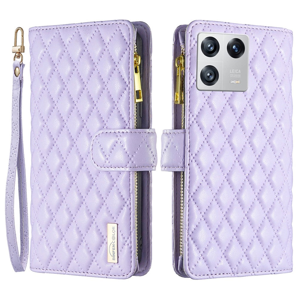 BINFEN COLOR BF Style-15 for Xiaomi 13 Imprinted Rhombus Pattern Zipper Pocket Case PU Leather Wallet Stand Phone Cover with Strap