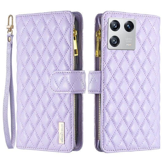 Xiaomi 13 Handyhülle – BINFEN COLOR BF Style-15 Aufgedrucktes Rautenmuster mit Reißverschlusstasche, PU-Leder, Brieftaschenständer, mit Riemen