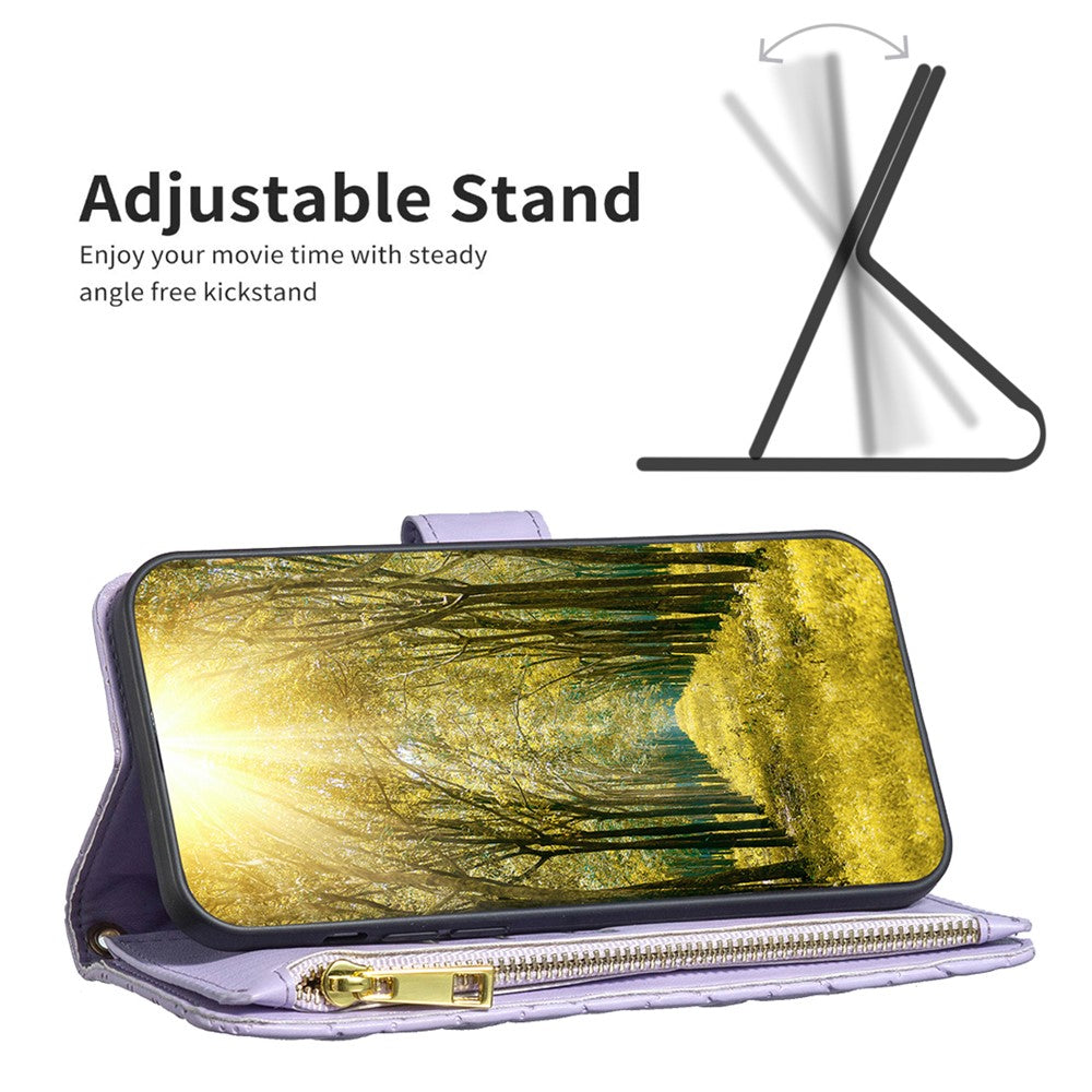 BINFEN COLOR BF Style-15 for Xiaomi 13 Imprinted Rhombus Pattern Zipper Pocket Case PU Leather Wallet Stand Phone Cover with Strap