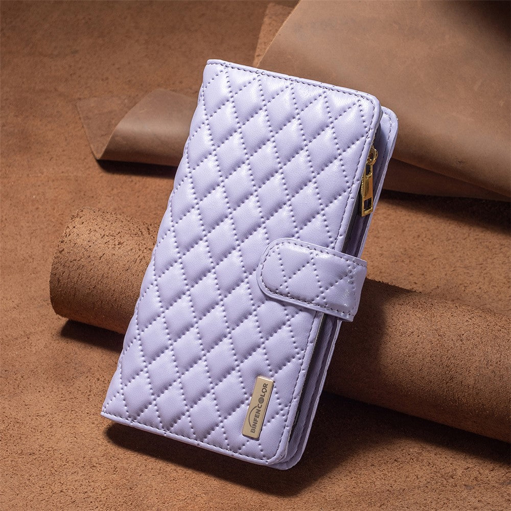 BINFEN COLOR BF Style-15 for Xiaomi 13 Imprinted Rhombus Pattern Zipper Pocket Case PU Leather Wallet Stand Phone Cover with Strap