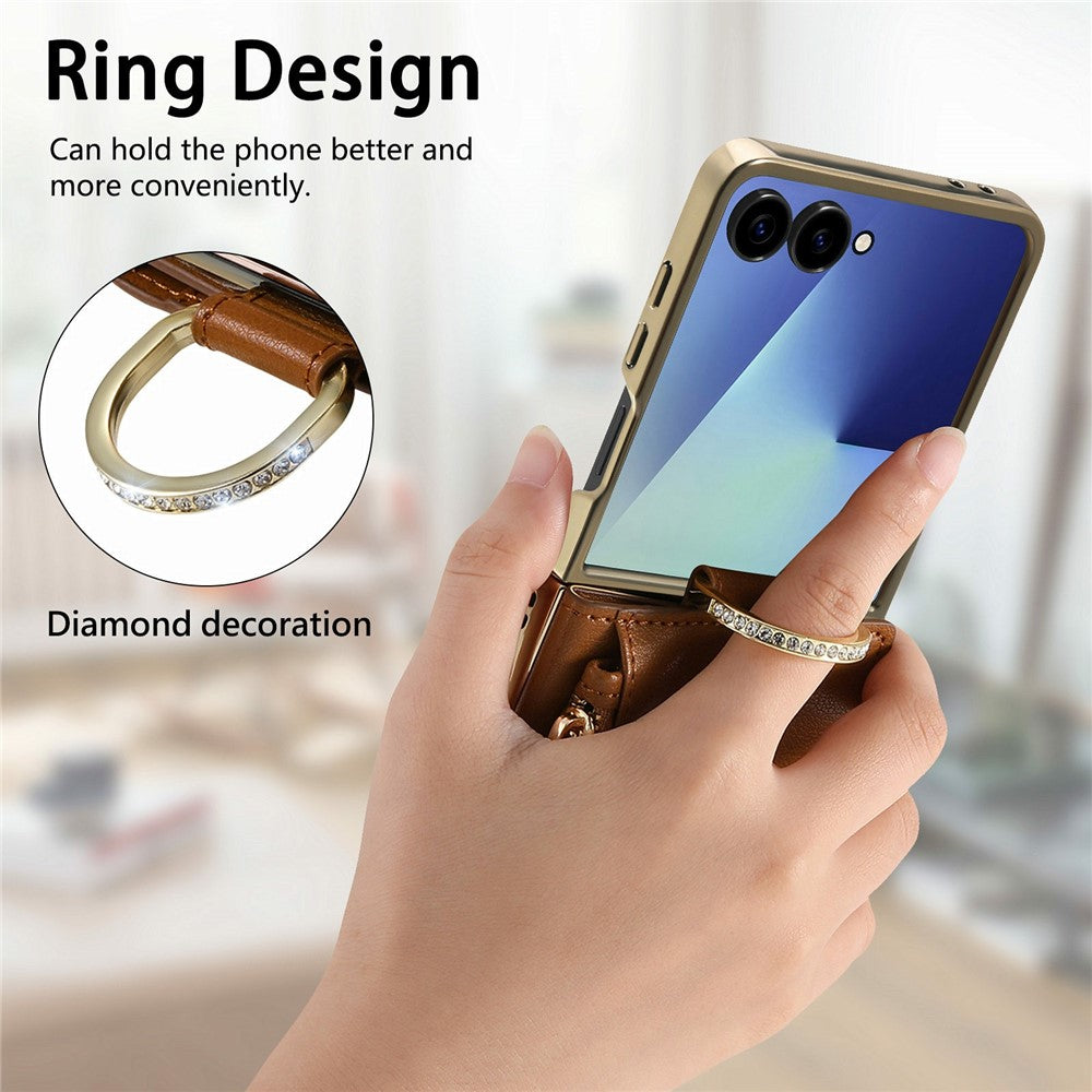 For Samsung Galaxy Z Flip8 Phone Case Card Holder Kickstand Leaf Buckle Leather Back Cover with Built-in Mirror