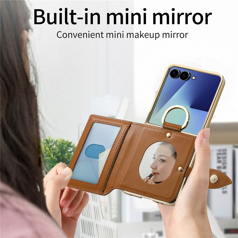 For Samsung Galaxy Z Flip8 Phone Case Card Holder Kickstand Leaf Buckle Leather Back Cover with Built-in Mirror