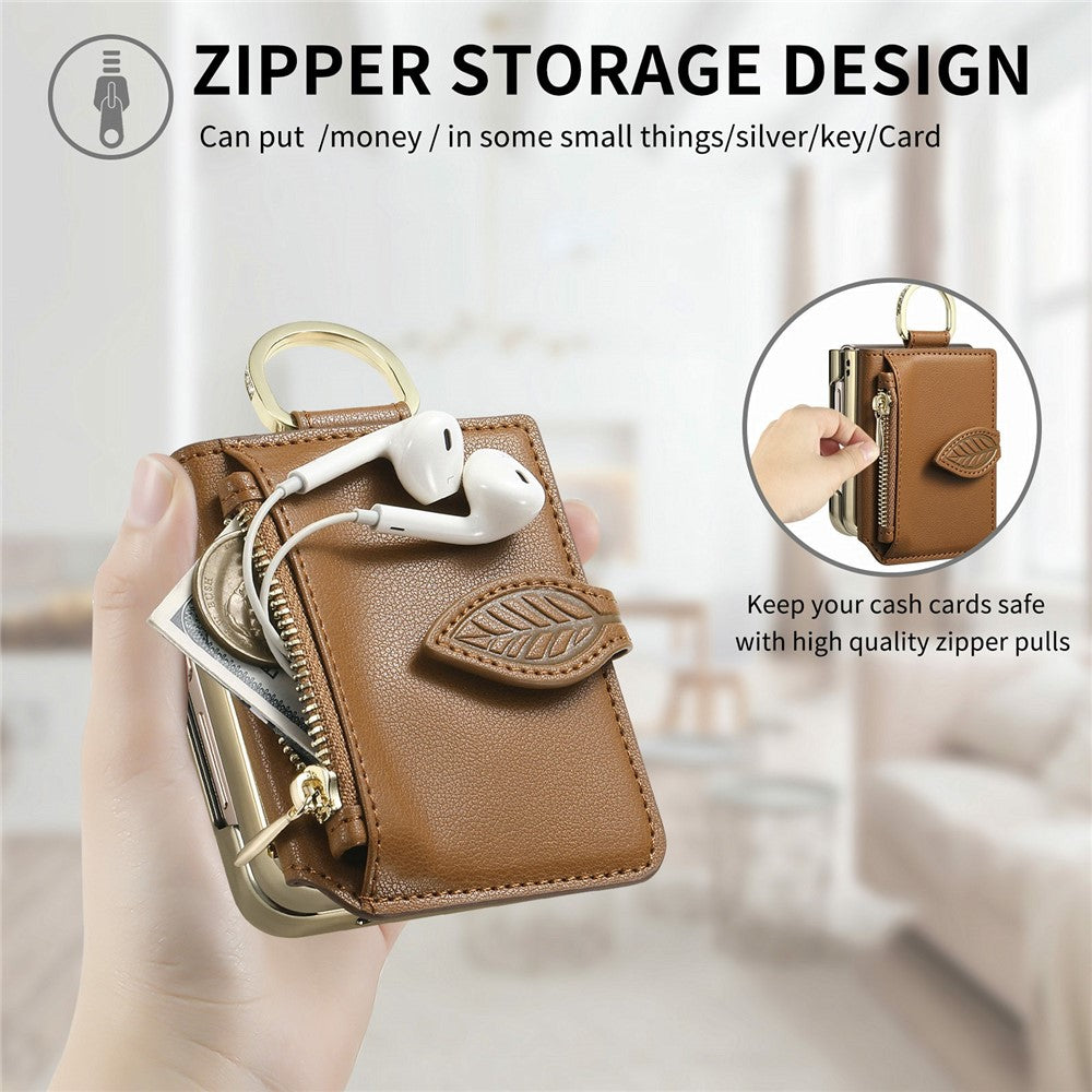 For Samsung Galaxy Z Flip8 Phone Case Card Holder Kickstand Leaf Buckle Leather Back Cover with Built-in Mirror