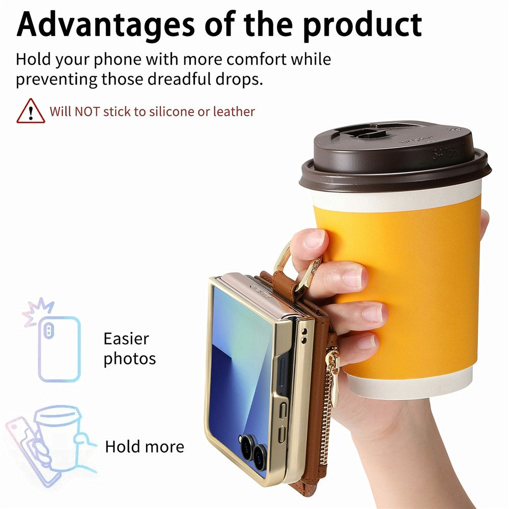 For Samsung Galaxy Z Flip8 Phone Case Card Holder Kickstand Leaf Buckle Leather Back Cover with Built-in Mirror