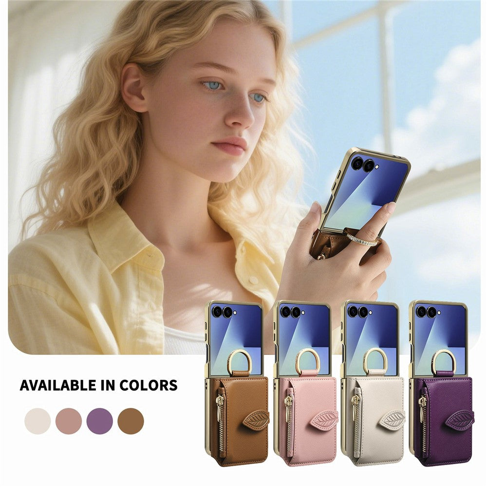 For Samsung Galaxy Z Flip8 Phone Case Card Holder Kickstand Leaf Buckle Leather Back Cover with Built-in Mirror