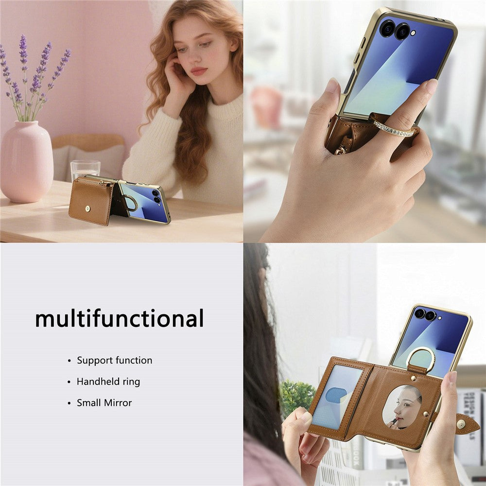 For Samsung Galaxy Z Flip8 Phone Case Card Holder Kickstand Leaf Buckle Leather Back Cover with Built-in Mirror