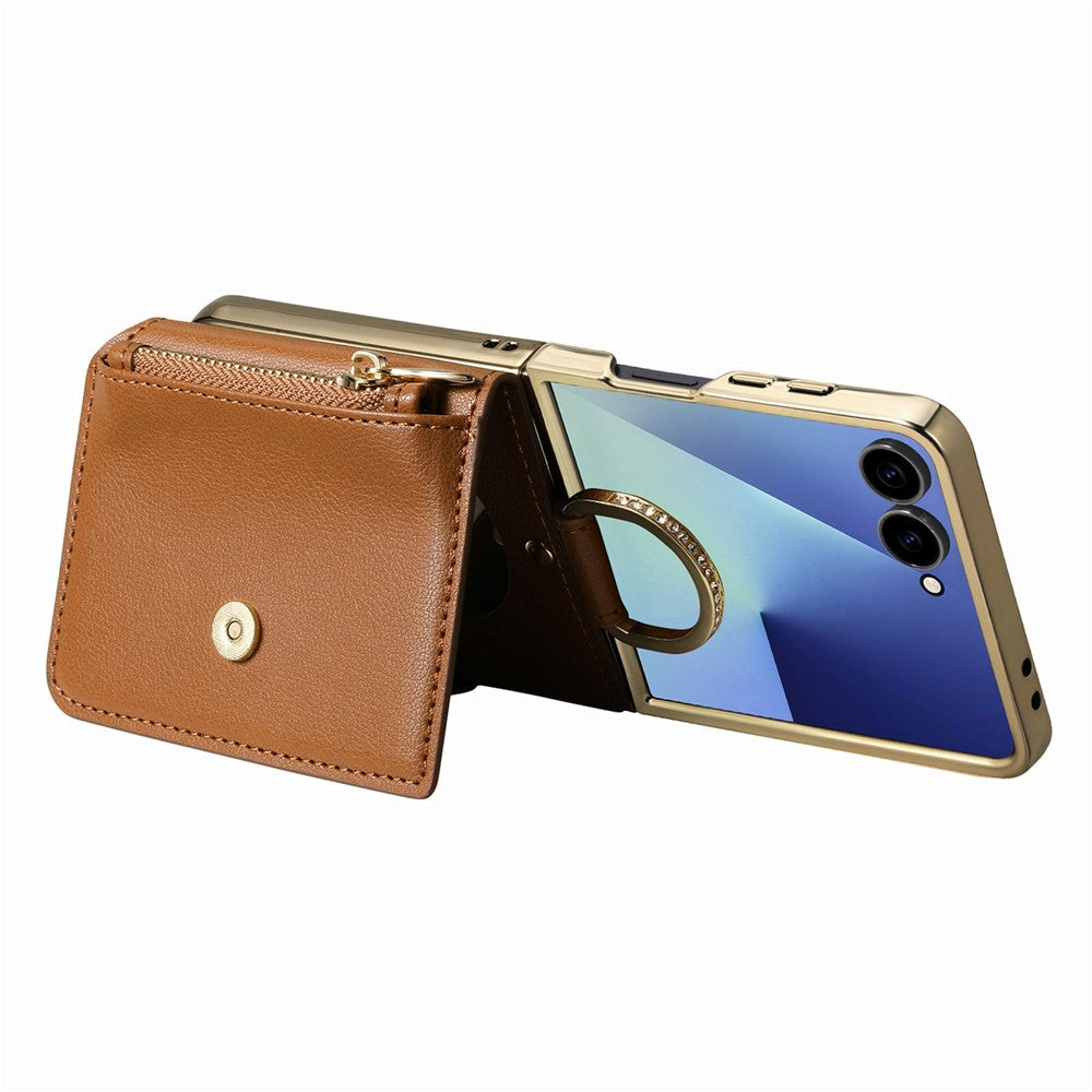 For Samsung Galaxy Z Flip8 Phone Case Card Holder Kickstand Leaf Buckle Leather Back Cover with Built-in Mirror