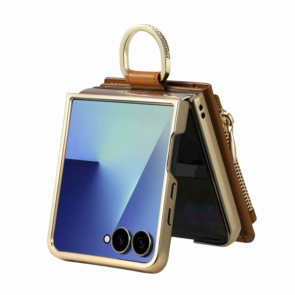 For Samsung Galaxy Z Flip8 Phone Case Card Holder Kickstand Leaf Buckle Leather Back Cover with Built-in Mirror