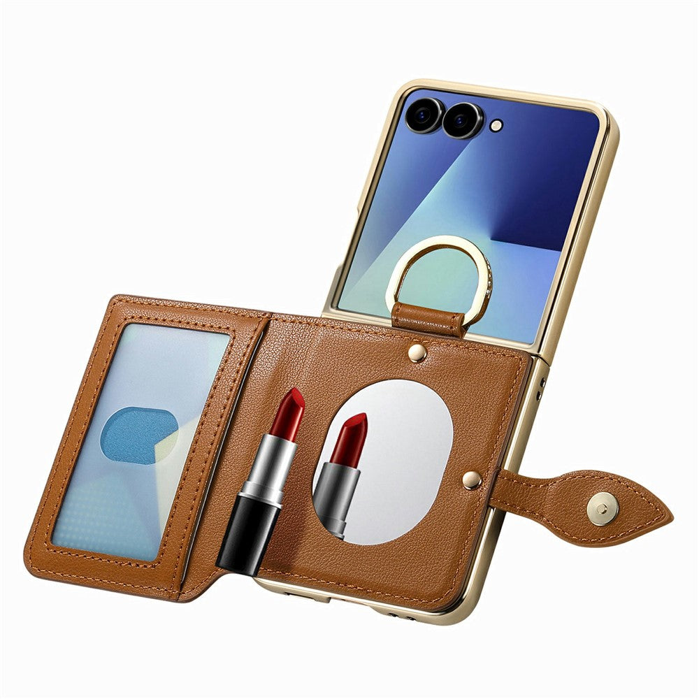 For Samsung Galaxy Z Flip8 Phone Case Card Holder Kickstand Leaf Buckle Leather Back Cover with Built-in Mirror