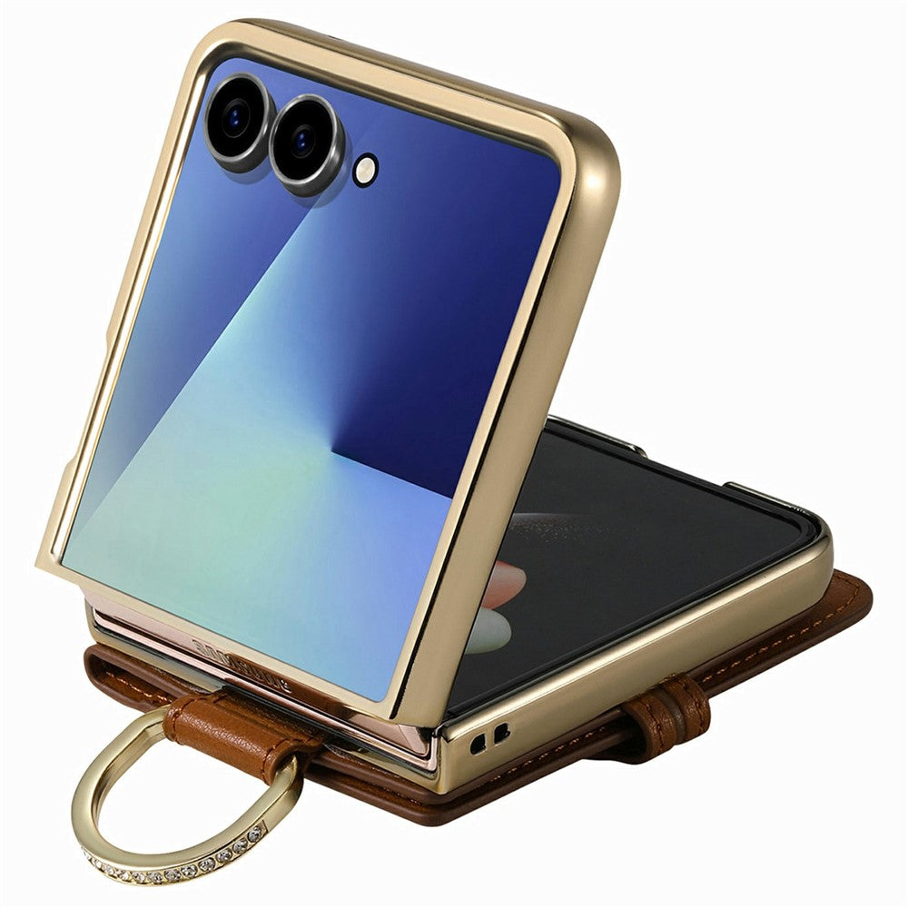 For Samsung Galaxy Z Flip8 Phone Case Card Holder Kickstand Leaf Buckle Leather Back Cover with Built-in Mirror