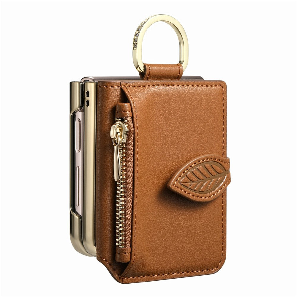 For Samsung Galaxy Z Flip8 Phone Case Card Holder Kickstand Leaf Buckle Leather Back Cover with Built-in Mirror