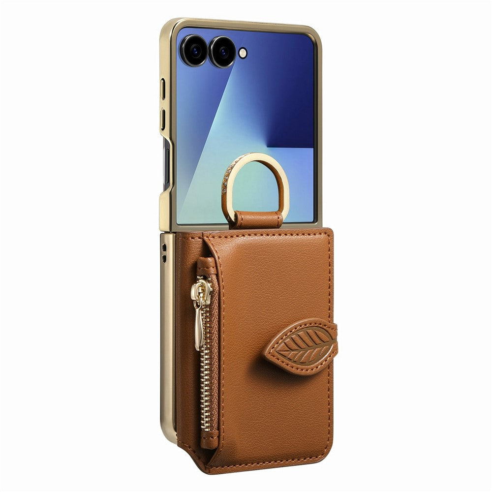 For Samsung Galaxy Z Flip8 Phone Case Card Holder Kickstand Leaf Buckle Leather Back Cover with Built-in Mirror