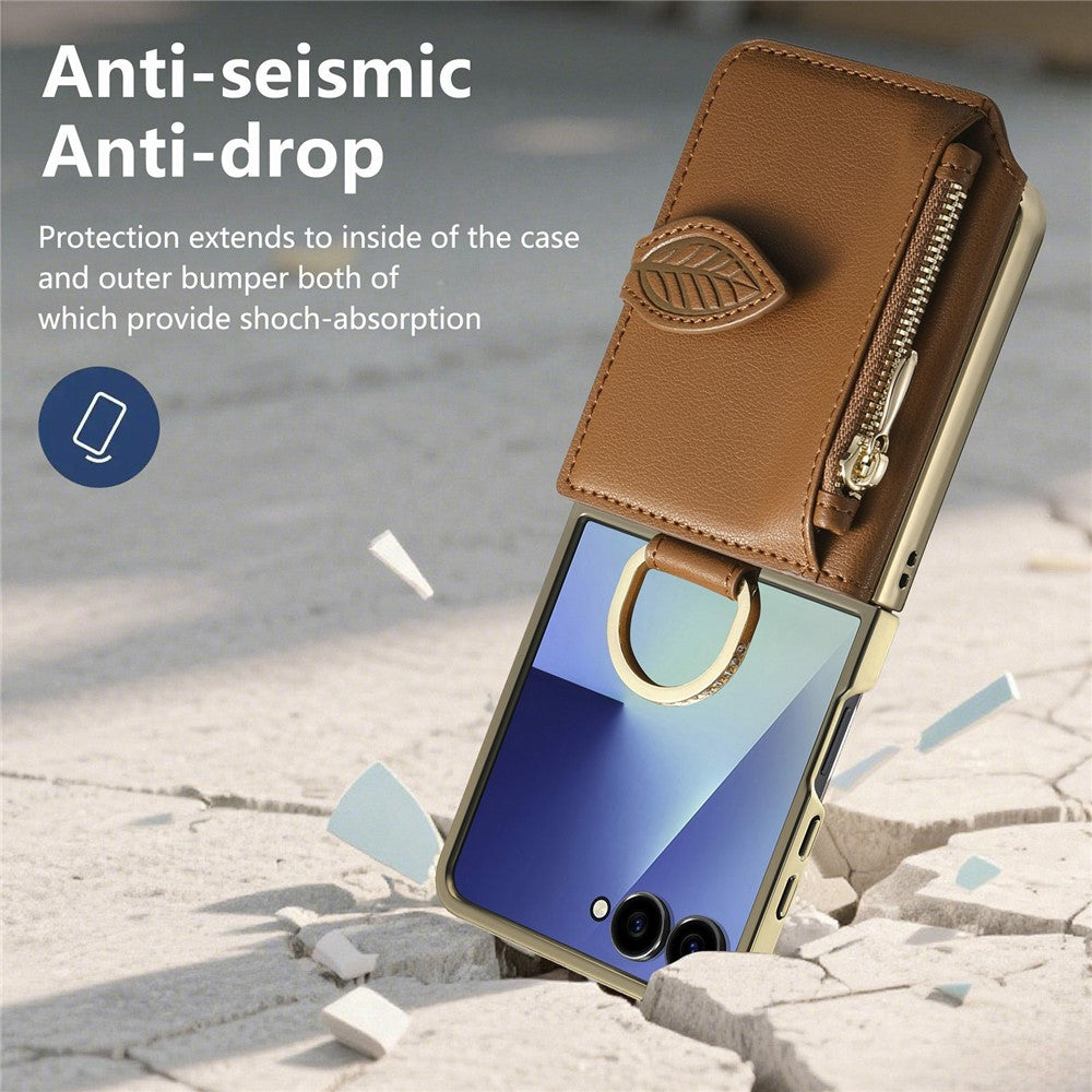 For Samsung Galaxy Z Flip8 Phone Case Card Holder Kickstand Leaf Buckle Leather Back Cover with Built-in Mirror