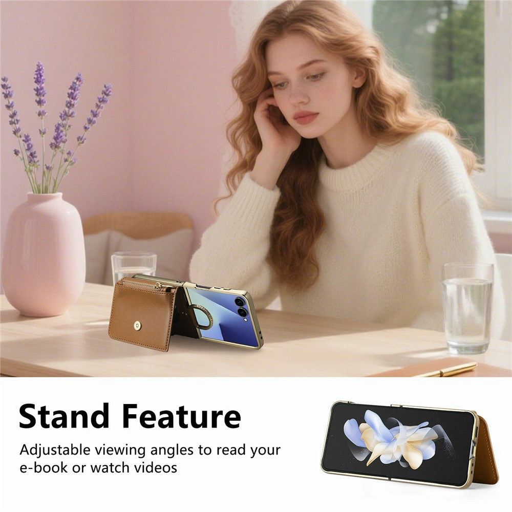 For Samsung Galaxy Z Flip8 Phone Case Card Holder Kickstand Leaf Buckle Leather Back Cover with Built-in Mirror