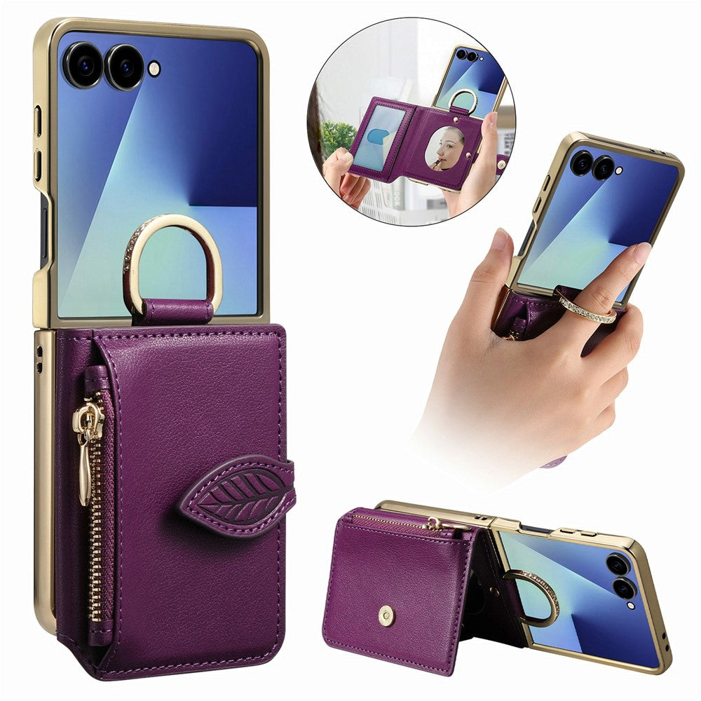 For Samsung Galaxy Z Flip8 Phone Case Card Holder Kickstand Leaf Buckle Leather Back Cover with Built-in Mirror