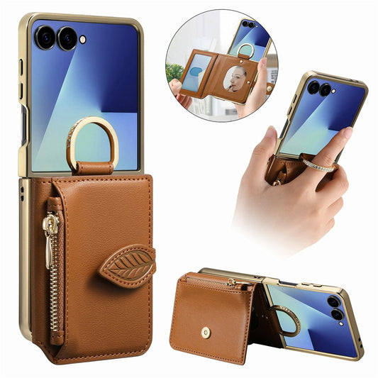 Galaxy Z Flip7 5G – Handyhülle aus PC und PU-Leder, mit Ständer, mit Kartenfach, mit Spiegel