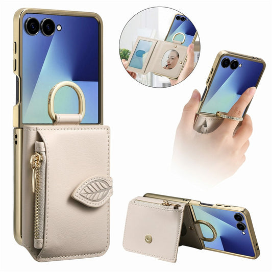 Galaxy Z Flip7 5G – Handyhülle aus PC und PU-Leder, mit Ständer, mit Kartenfach, mit Spiegel
