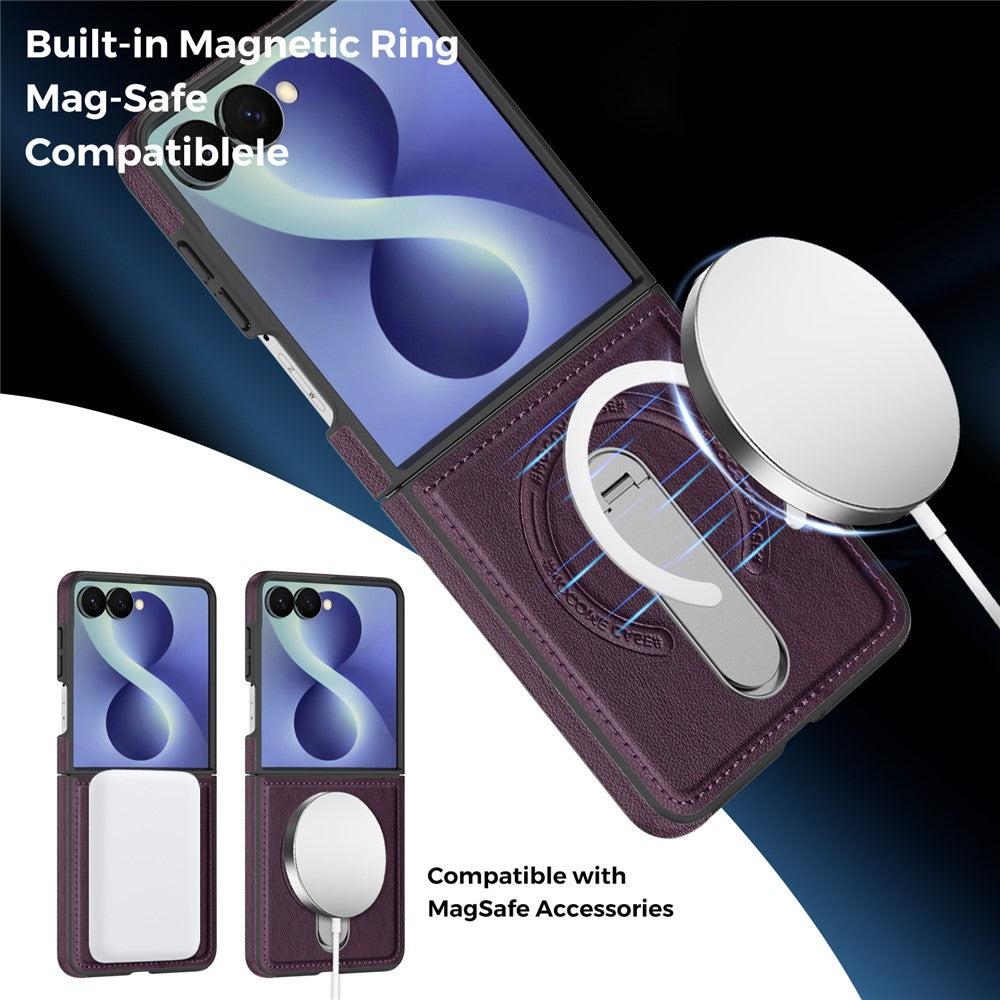 For Samsung Galaxy Z Flip8 Magnetic Case Rotating Kickstand Leather Coated PC Phone Cover