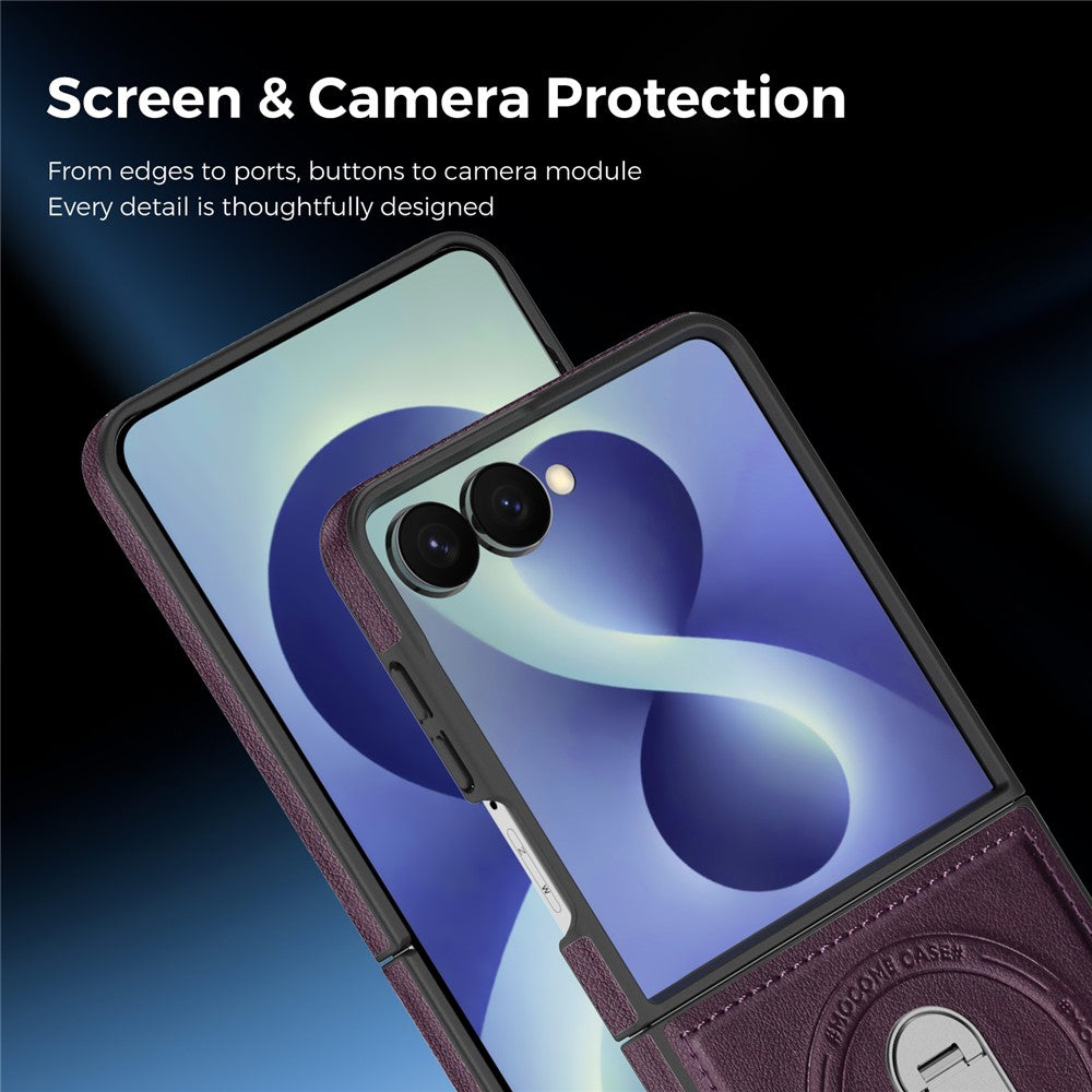 For Samsung Galaxy Z Flip8 Magnetic Case Rotating Kickstand Leather Coated PC Phone Cover