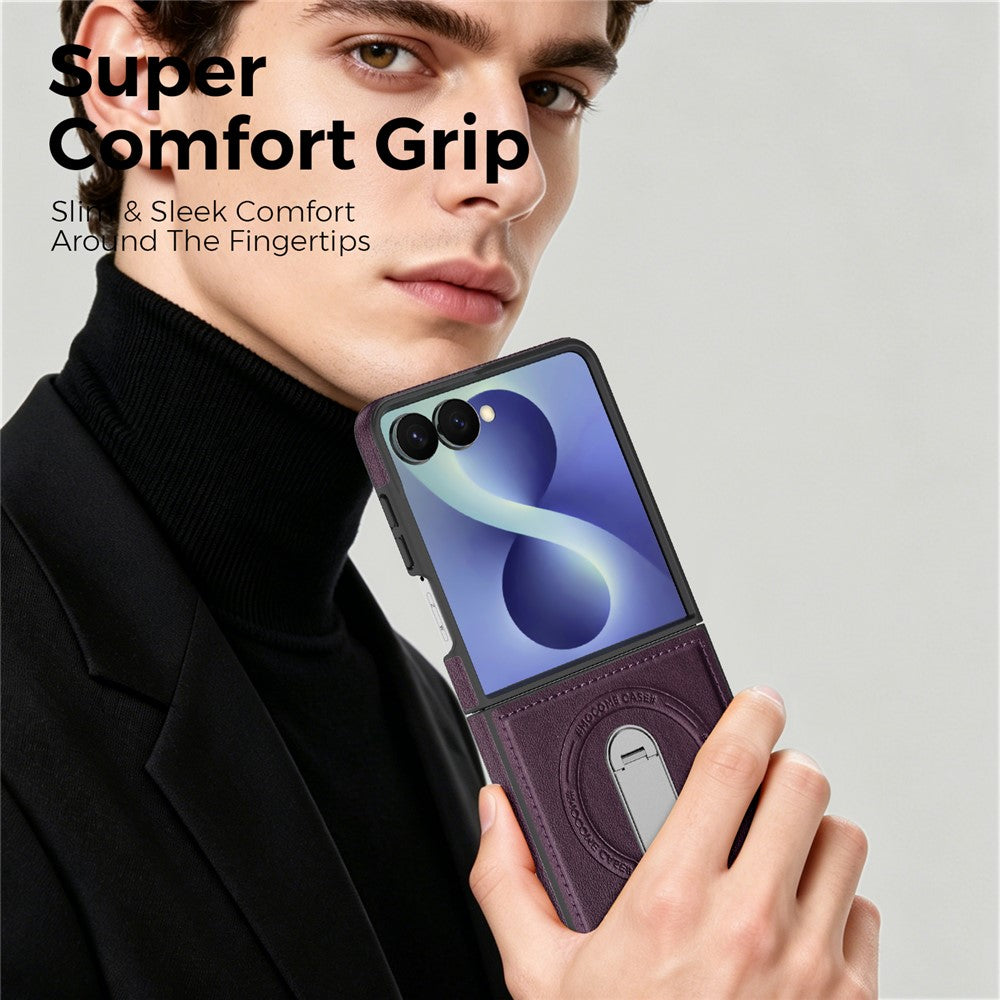 For Samsung Galaxy Z Flip8 Magnetic Case Rotating Kickstand Leather Coated PC Phone Cover