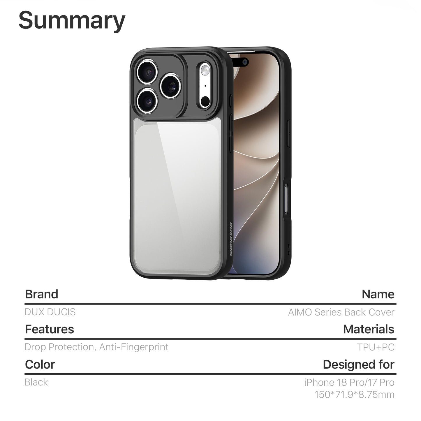 DUX DUCIS for iPhone 17 Pro / iPhone 18 Pro Aimo Series PC + TPU Clear Back Phone Cover (REACH Certification)