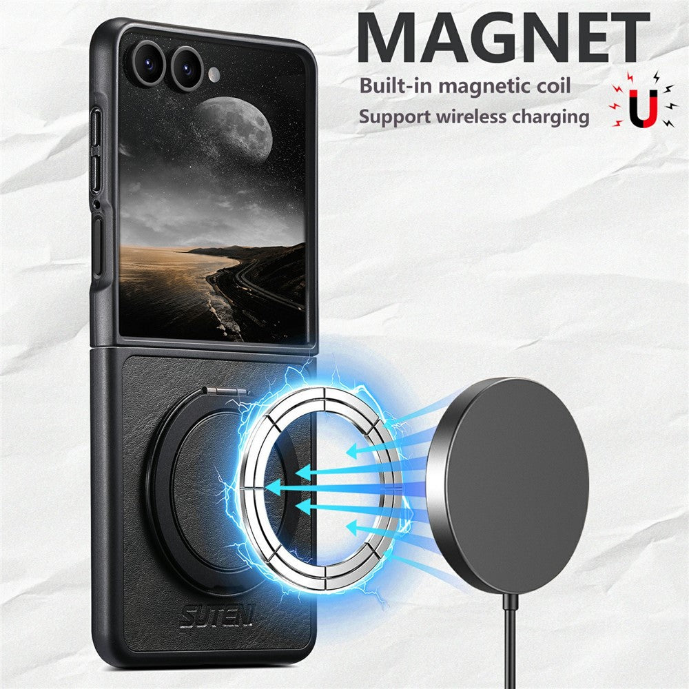 SUTENI G3 for Samsung Galaxy Z Flip8 Magnetic Case Waxy Texture Rotating Kickstand Leather Phone Back Cover