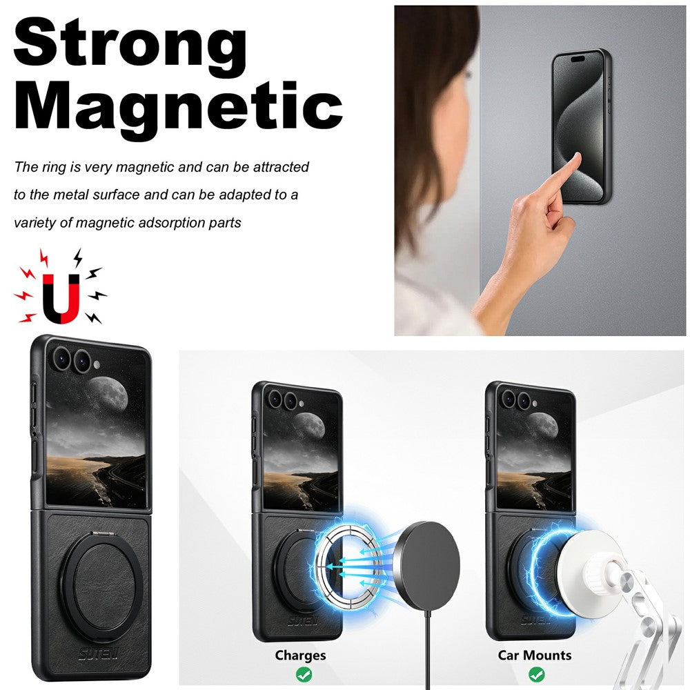 SUTENI G3 for Samsung Galaxy Z Flip8 Magnetic Case Waxy Texture Rotating Kickstand Leather Phone Back Cover
