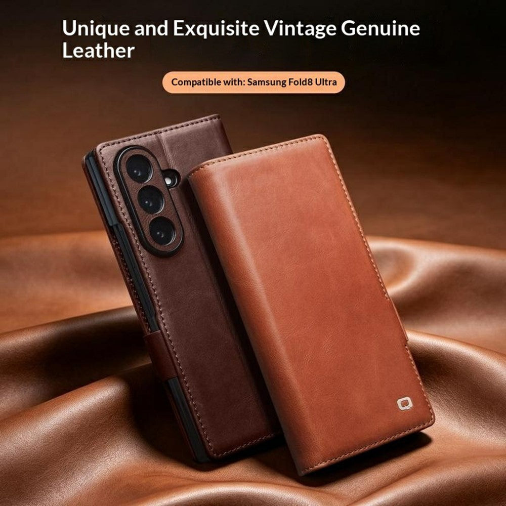 QIALINO for Samsung Galaxy Z Fold8 Ultra Case Oil-Waxed Genuine Cow Leather Flip Stand Wallet Phone Cover