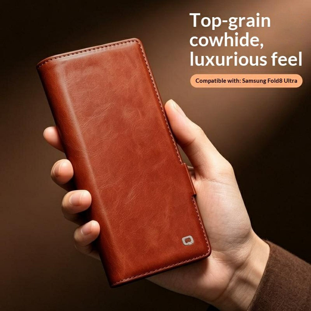 QIALINO for Samsung Galaxy Z Fold8 Ultra Case Oil-Waxed Genuine Cow Leather Flip Stand Wallet Phone Cover