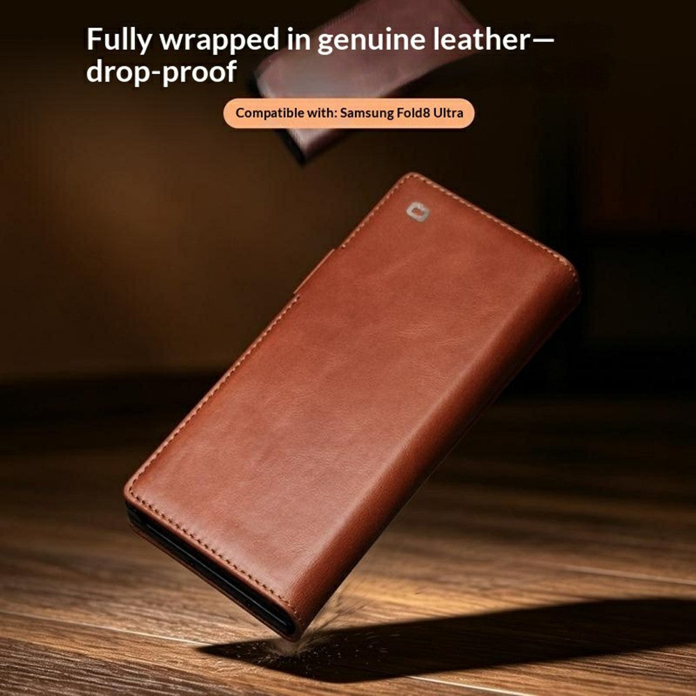 QIALINO for Samsung Galaxy Z Fold8 Ultra Case Oil-Waxed Genuine Cow Leather Flip Stand Wallet Phone Cover