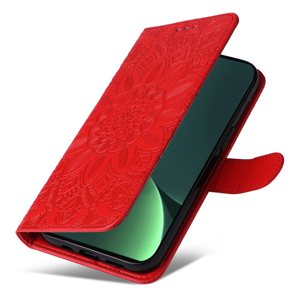 For Xiaomi 13 PU Leather Sunflower Imprinted Full Protection Phone Case Stand Wallet Anti-scratch Folio Flip Cover with Wrist Strap