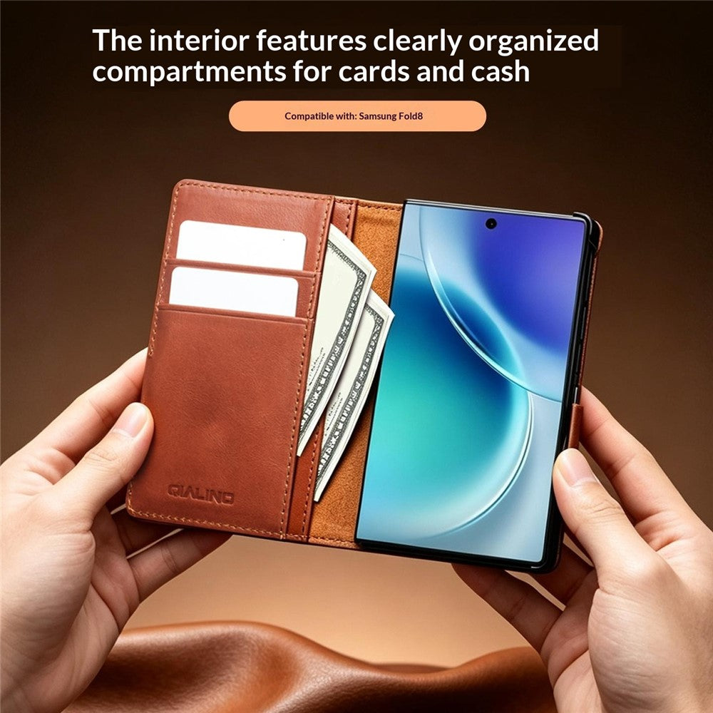 QIALINO for Samsung Galaxy Z Fold8 Case Oil-Waxed Genuine Cow Leather Flip Stand Wallet Phone Cover