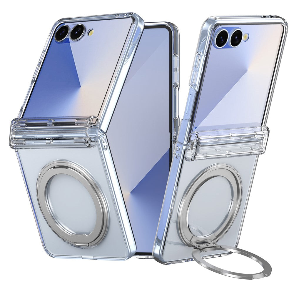 For Samsung Galaxy Z Flip8 Magnetic Case 360° Rotating Kickstand Electroplated Hinge PC Phone Cover with Tempered Glass Film
