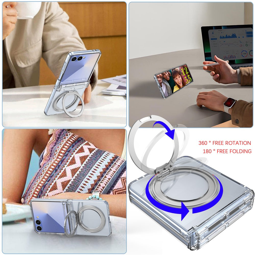 For Samsung Galaxy Z Flip8 Magnetic Case 360° Rotating Kickstand Electroplated Hinge PC Phone Cover with Tempered Glass Film
