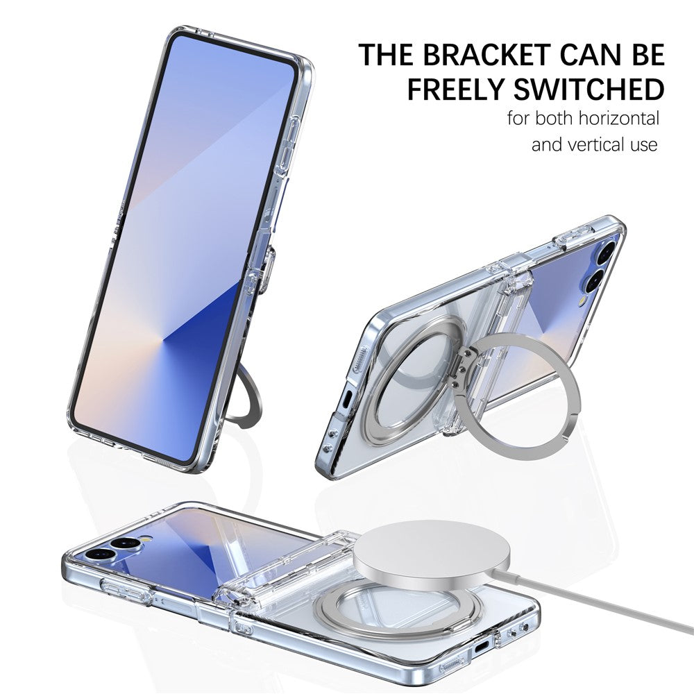 For Samsung Galaxy Z Flip8 Magnetic Case 360° Rotating Kickstand Electroplated Hinge PC Phone Cover with Tempered Glass Film