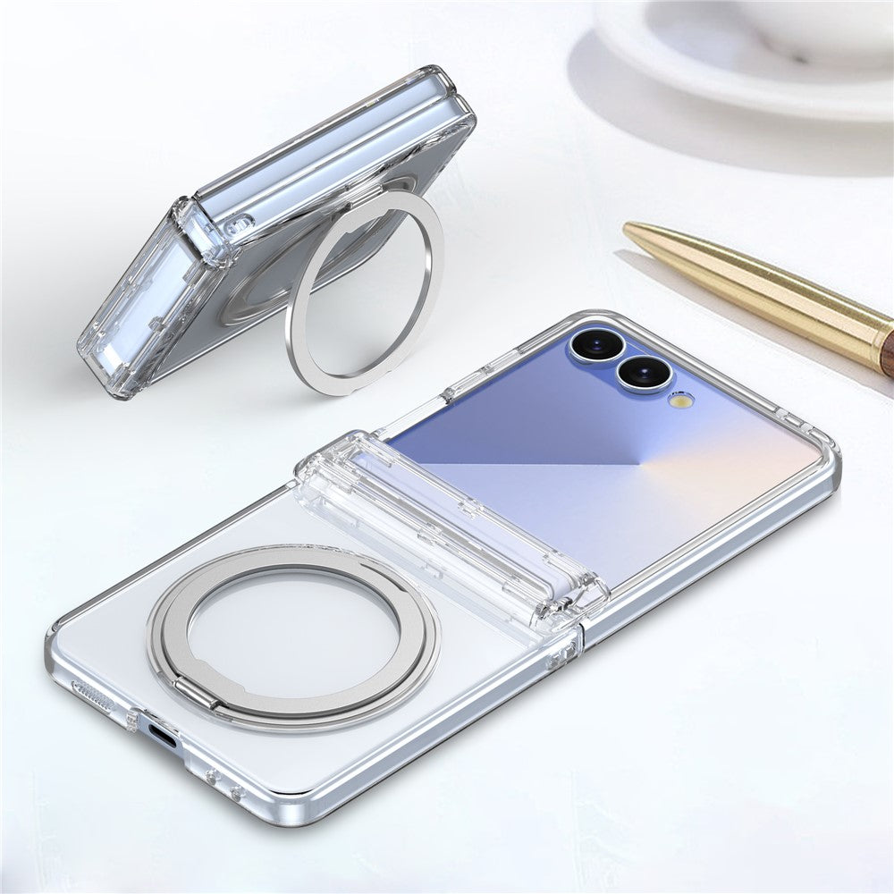 For Samsung Galaxy Z Flip8 Magnetic Case 360° Rotating Kickstand Electroplated Hinge PC Phone Cover with Tempered Glass Film
