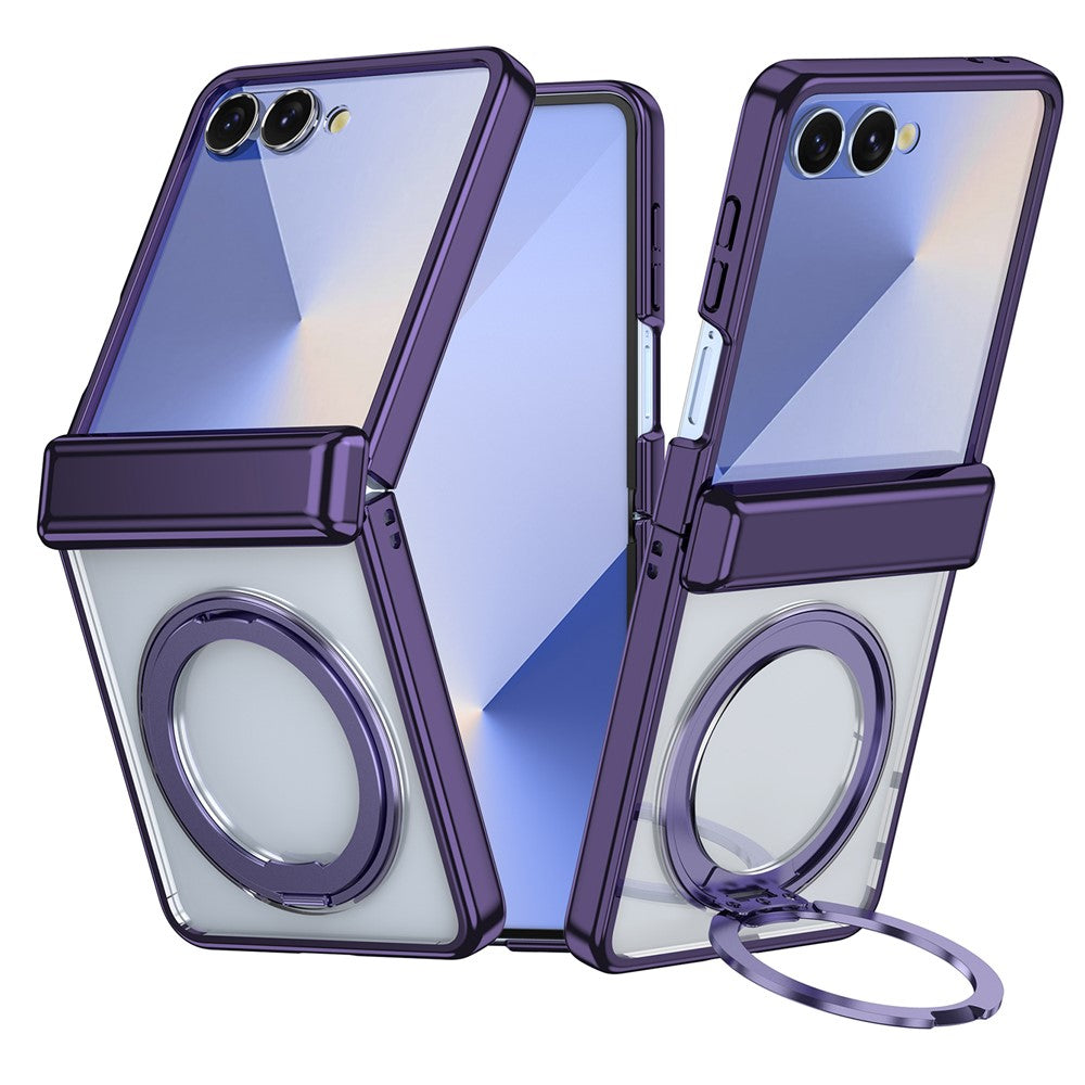 For Samsung Galaxy Z Flip8 Magnetic Case 360° Rotating Kickstand Electroplated Hinge PC Phone Cover with Tempered Glass Film