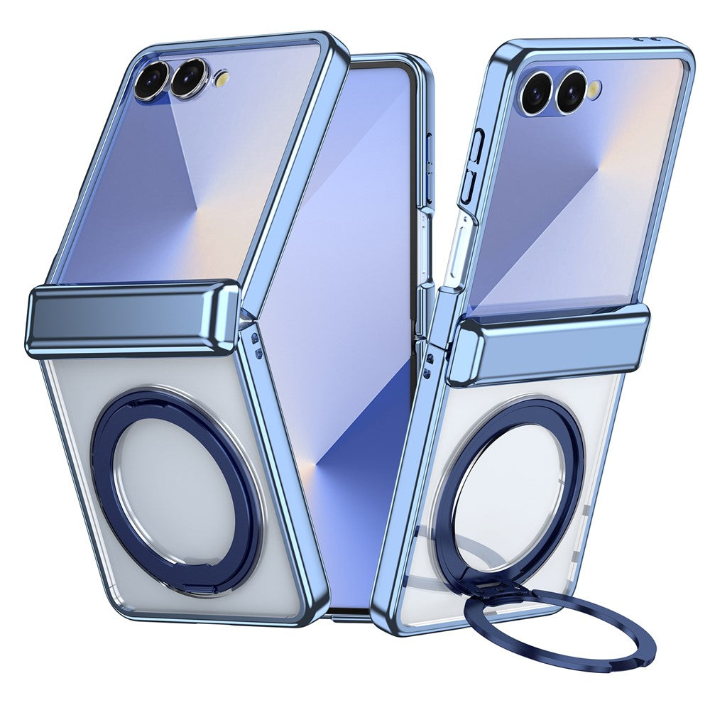 For Samsung Galaxy Z Flip8 Magnetic Case 360° Rotating Kickstand Electroplated Hinge PC Phone Cover with Tempered Glass Film