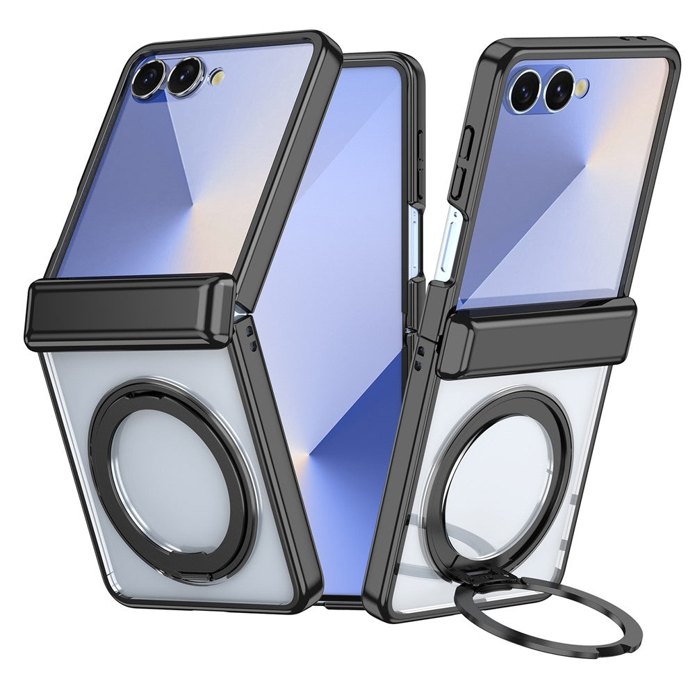 For Samsung Galaxy Z Flip8 Magnetic Case 360° Rotating Kickstand Electroplated Hinge PC Phone Cover with Tempered Glass Film