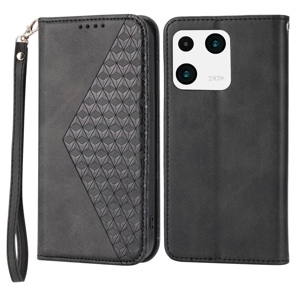 For Xiaomi 13 Calf Texture Phone Case PU Leather Wallet Stand Magnetic Closure Imprinted Rhombus Pattern Cover with Strap